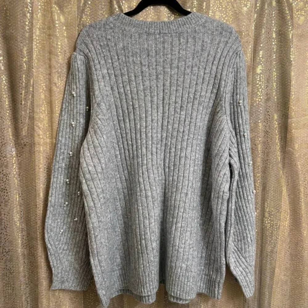 Lane Bryant Light Gray Ribbed Pearl Embellished-Sleeve Sweater 26/28 4X NWT
